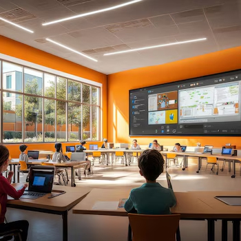 Modern and bright classroom with interactive learning tools